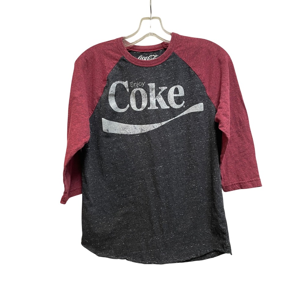 Coca-Cola Womens Raglan Baseball Tee Charcoal Burgundy 3/4 Sleeve Small